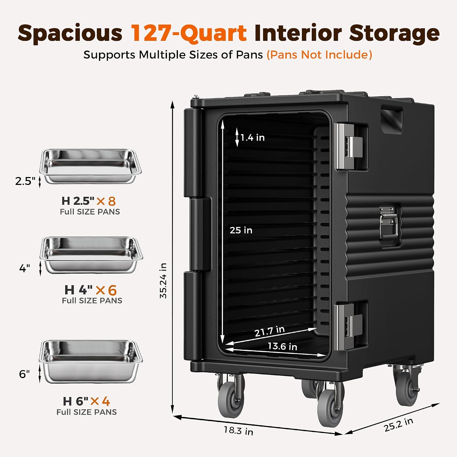 CAMMOO 127QT Non-Electrical Catering Food Warmers with Casters, 304 Stainless Steel Latch & Door Shaft, Insulated Food Carrier for 8 Full-Size Pans(NOT Included), Food Warmer Hot Boxes for Catering