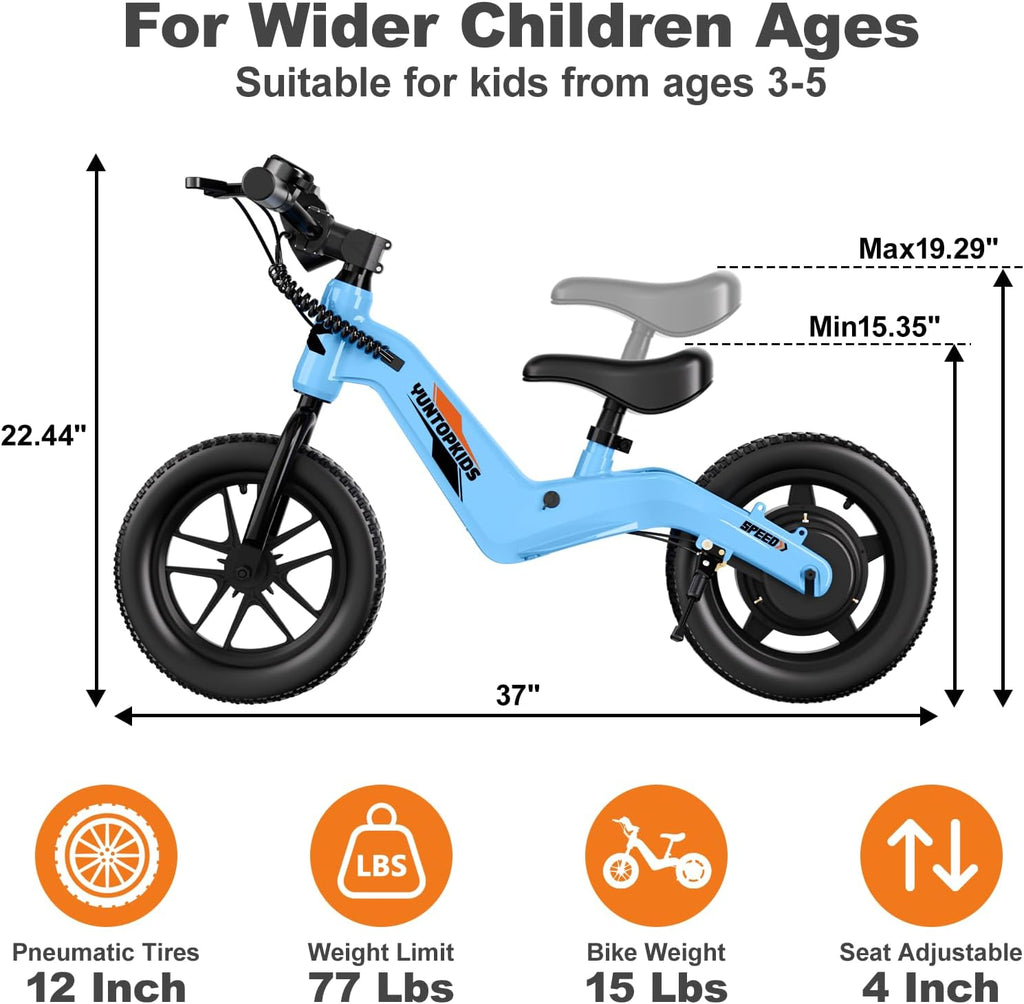 YunTopKids Electric Balance Bike for Kids Ages 3-5, 12 Inch Tires,Safe Start,3 Speeds up to 9.3 MPH,LCD,180W 24V Kids Electric Bike with Adjustable Seat,Fast Charger,LED Light