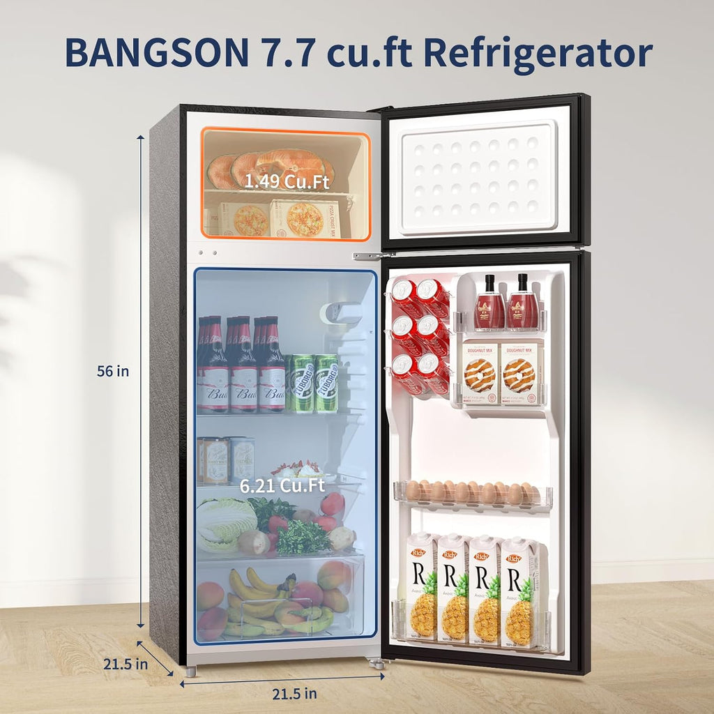 BANGSON 7.7 Cu.Ft Refrigerator with Top Freezer Apartment Size, Fridge for Small Spaces, Office, Energy Saving Low Noise Adjustable Thermostat, Black