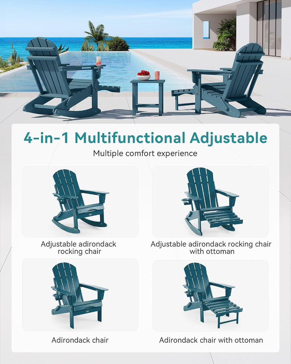 Adjustable Adirondack Rocking Chair with Retractable Ottoman, 4-in-1 Multifunctional Folding Patio Chair with Cup Holder, Outdoor Chair Wood Texture for Lawn,Porch, Backyard,Pool(Navy Blue)