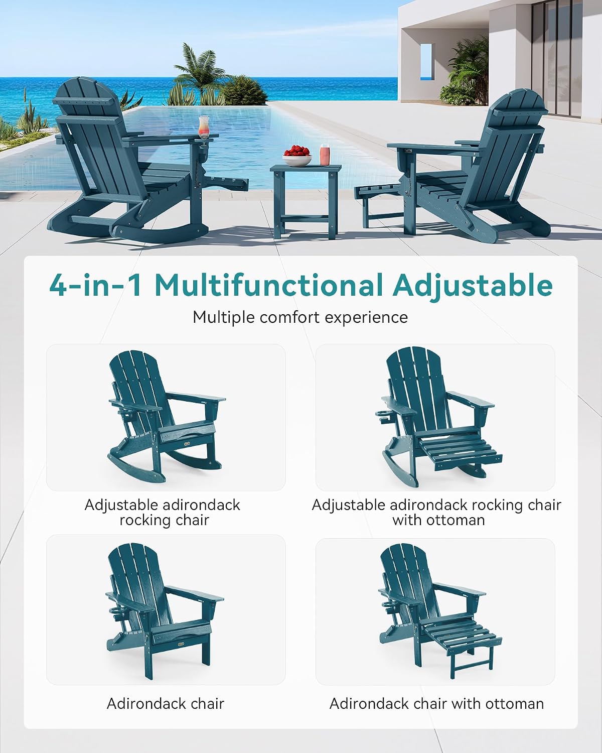Adjustable Adirondack Rocking Chair with Retractable Ottoman, 4-in-1 Multifunctional Folding Patio Chair with Cup Holder, Outdoor Chair Wood Texture for Lawn,Porch, Backyard,Pool(Navy Blue)
