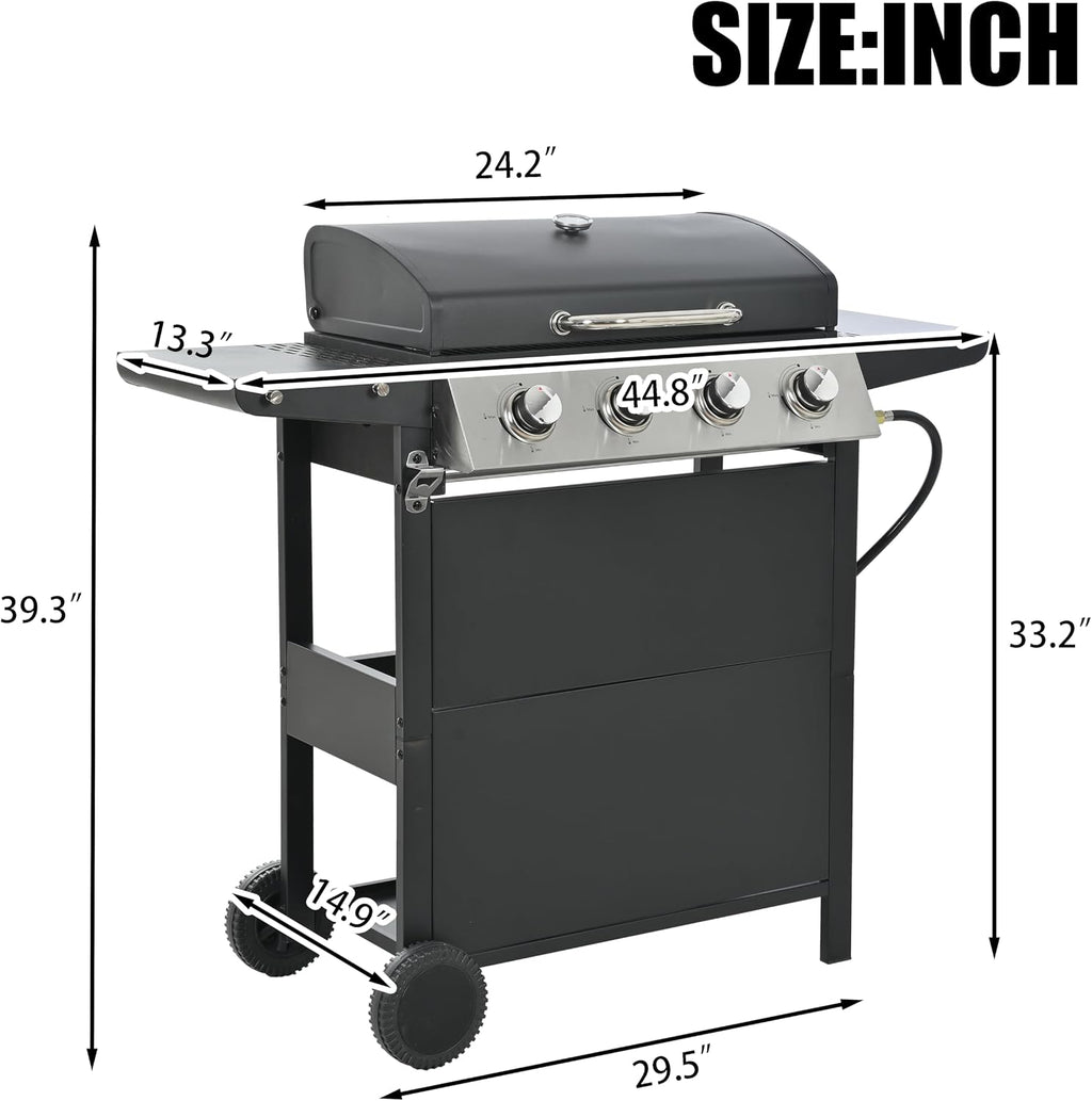 Patio Propane Gas Grill Stainless Steel, 4-Burner BBQ Grill with Top Cover Lid, Spacious Cooking Area and 2 Side Shelves, for Outdoor Patio Garden Picnic Backyard, Black