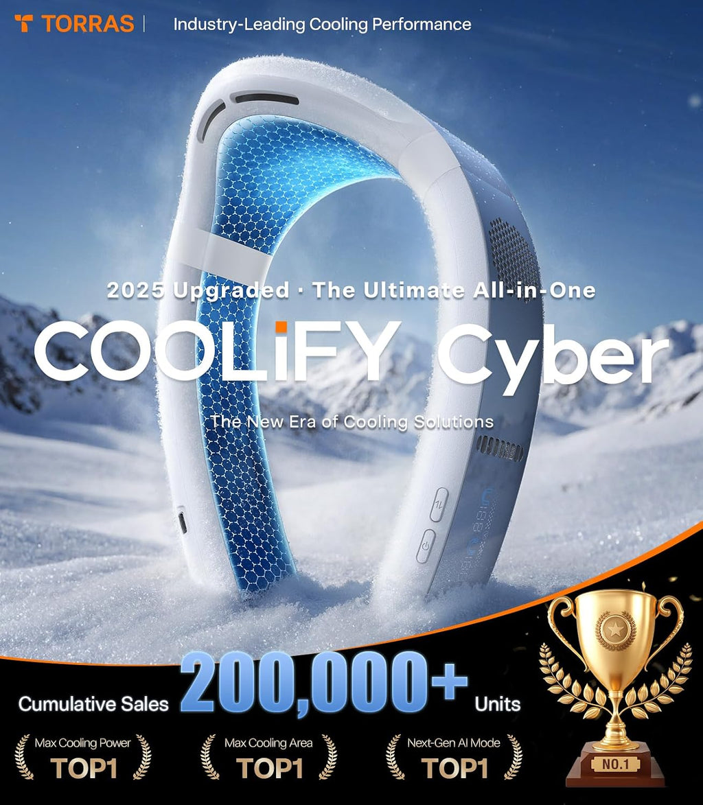 TORRAS COOLiFY Cyber AI Neck Air Conditioner, Ultimate Immersive Cooling Portable Neck Fan【No.1 Coolest & Max Cooling Area】 Neck Cooler Neck Fans that Blow Cold Air Rechargeable for Gifts