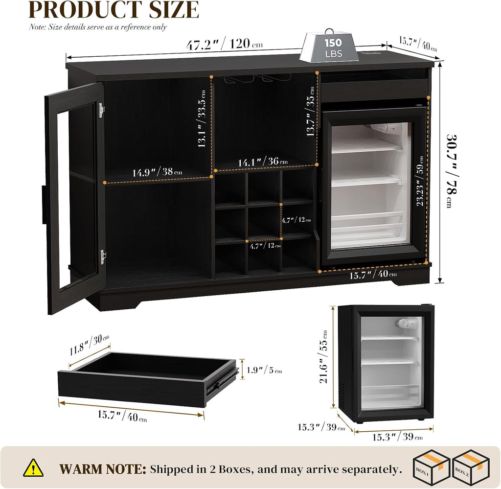 BROTTAR Coffee Bar Cabinet with Fridge (Fridge Included), Large Liquor Bar Cabinet with LED Lights, Glass Holder & Wine Rack, Wine Cabinet with Human Body Sensor, Buffet Sideboard for Home, Black