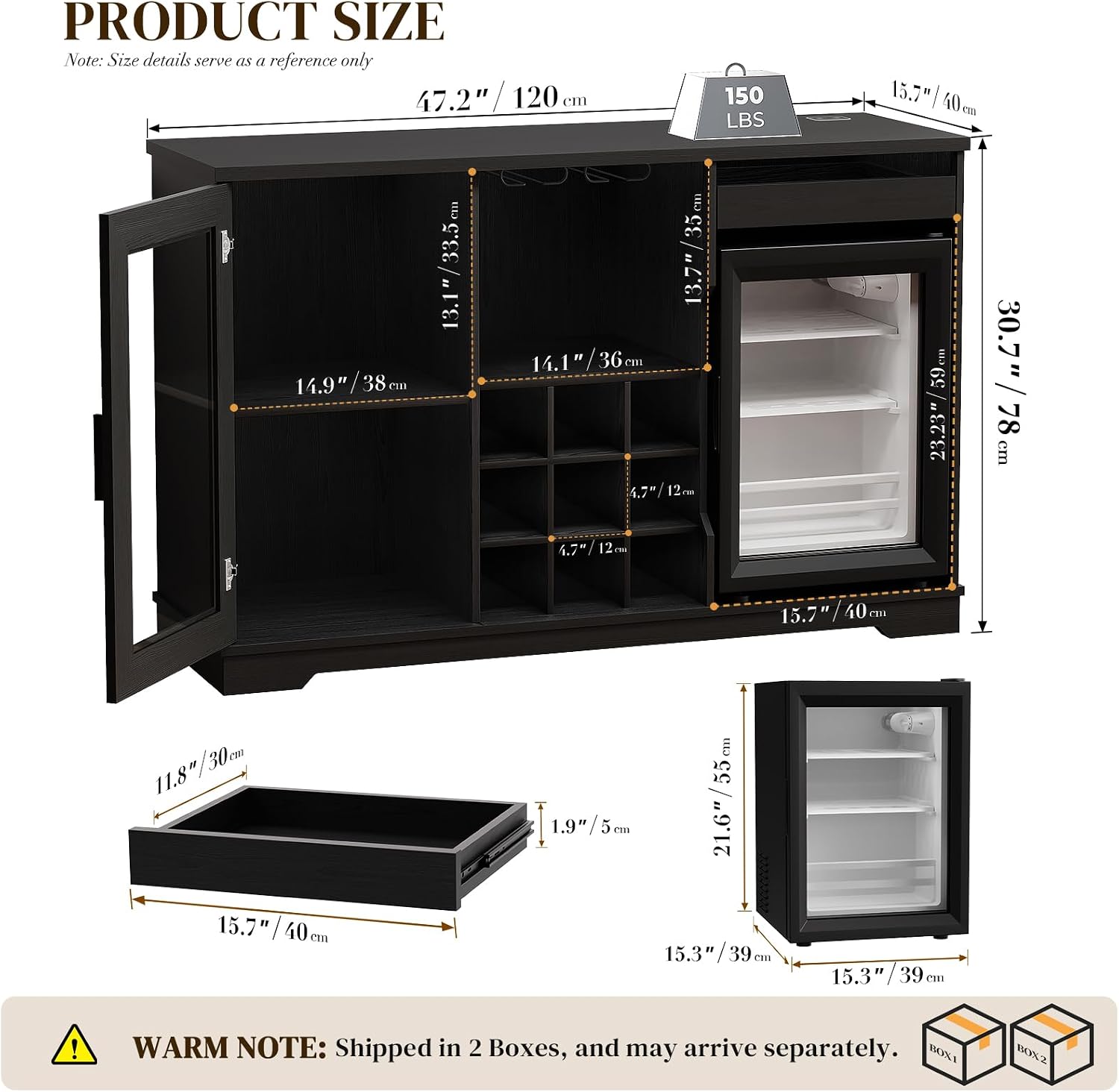 BROTTAR Coffee Bar Cabinet with Fridge (Fridge Included), Large Liquor Bar Cabinet with LED Lights, Glass Holder & Wine Rack, Wine Cabinet with Human Body Sensor, Buffet Sideboard for Home, Black