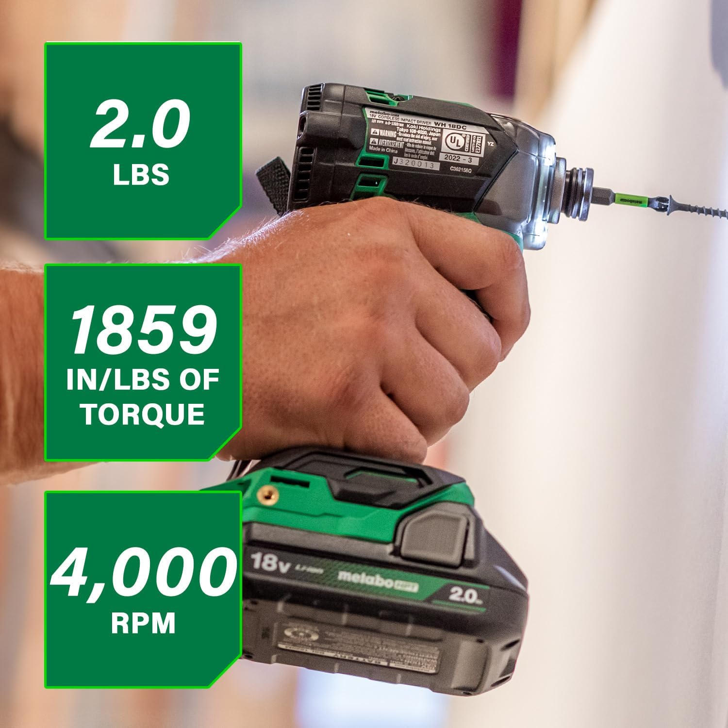 Metabo HPT 18V MultiVolt Cordless Triple Hammer BOLT Impact Driver Set, Power Impact Driver Kit with Case, 2 Lithium-Ion Batteries and Charger, 1/4-Inch Chuck, Compact LightWeight Power Tool, WH18DC