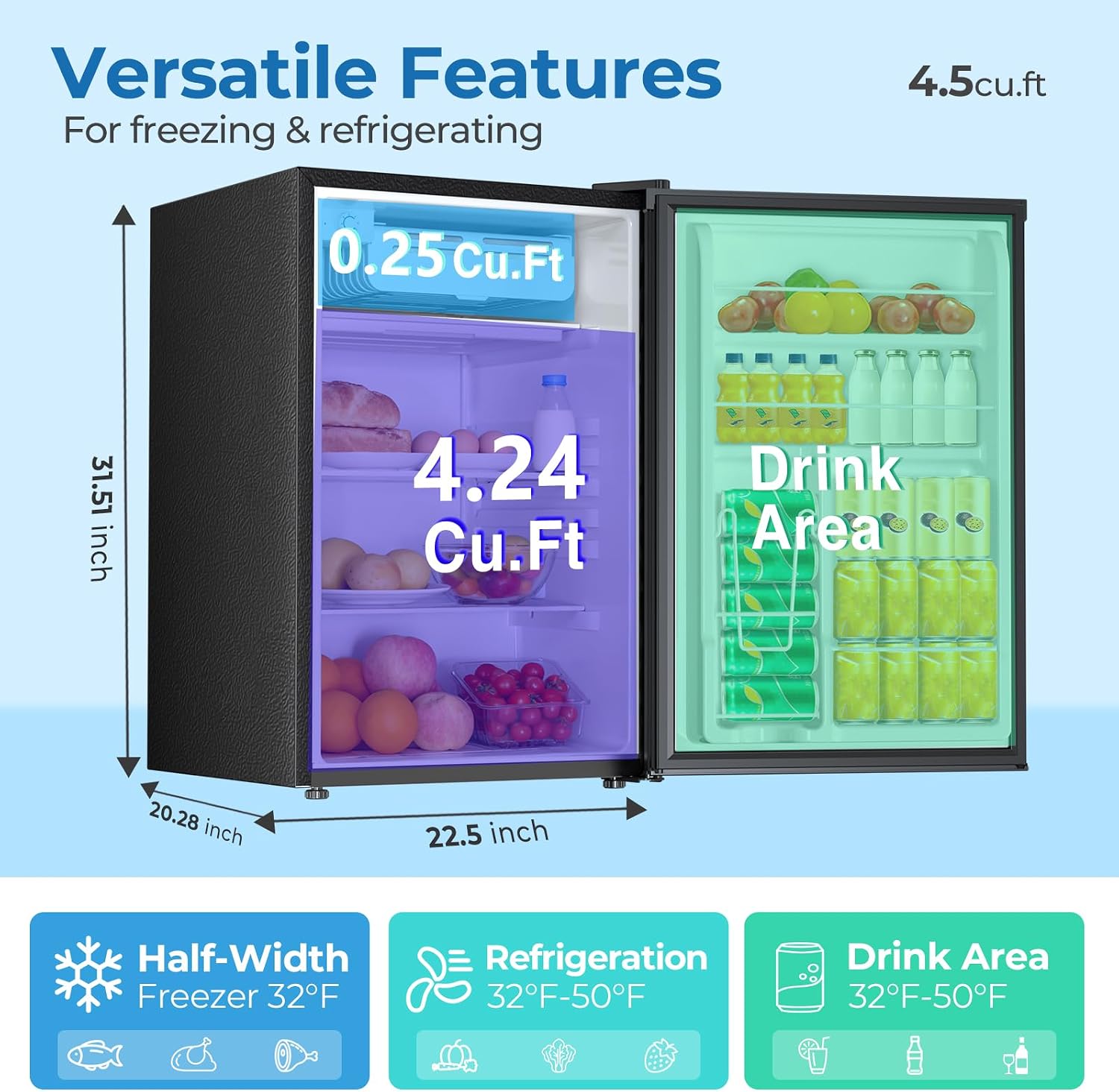 Electactic 4.5 Cu.ft Mini Fridge with Freezer, Compact Refrigerator with Reversible Single Door, Adjustable Thermostat, Low Noise, Energy Efficient for Office, Dorm, Bedroom, Apartment BLACK