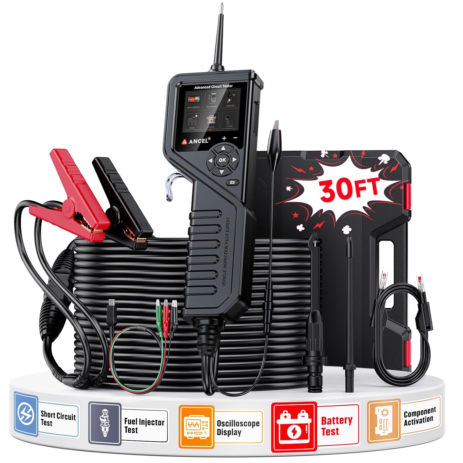 ANCEL PB600 4-in-1 Automotive Power Circuit Probe with True Waveform Oscilloscope, Battery Test, Injector & Relay Tester, Smart Multimeter, 30ft Heavy-Duty Cable for Mechanic, Technician & DIY