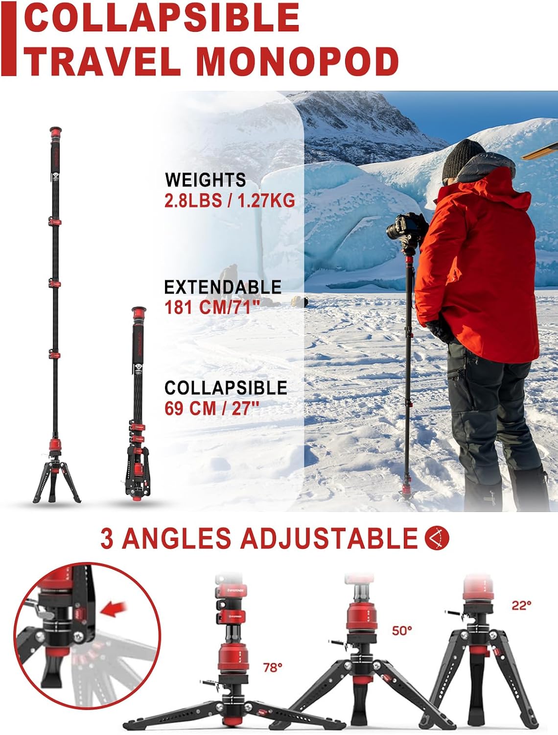 IFOOTAGE Monopod Cobra 3 C180F-P+K5S, 71' Monopod for Camera Carbon Fiber Travel Monopod with Feet, 1/4'' & 3/8'' Quick Release Compatible with Sony Canon Nikon DSLR Camera, Payload 17.6Lb