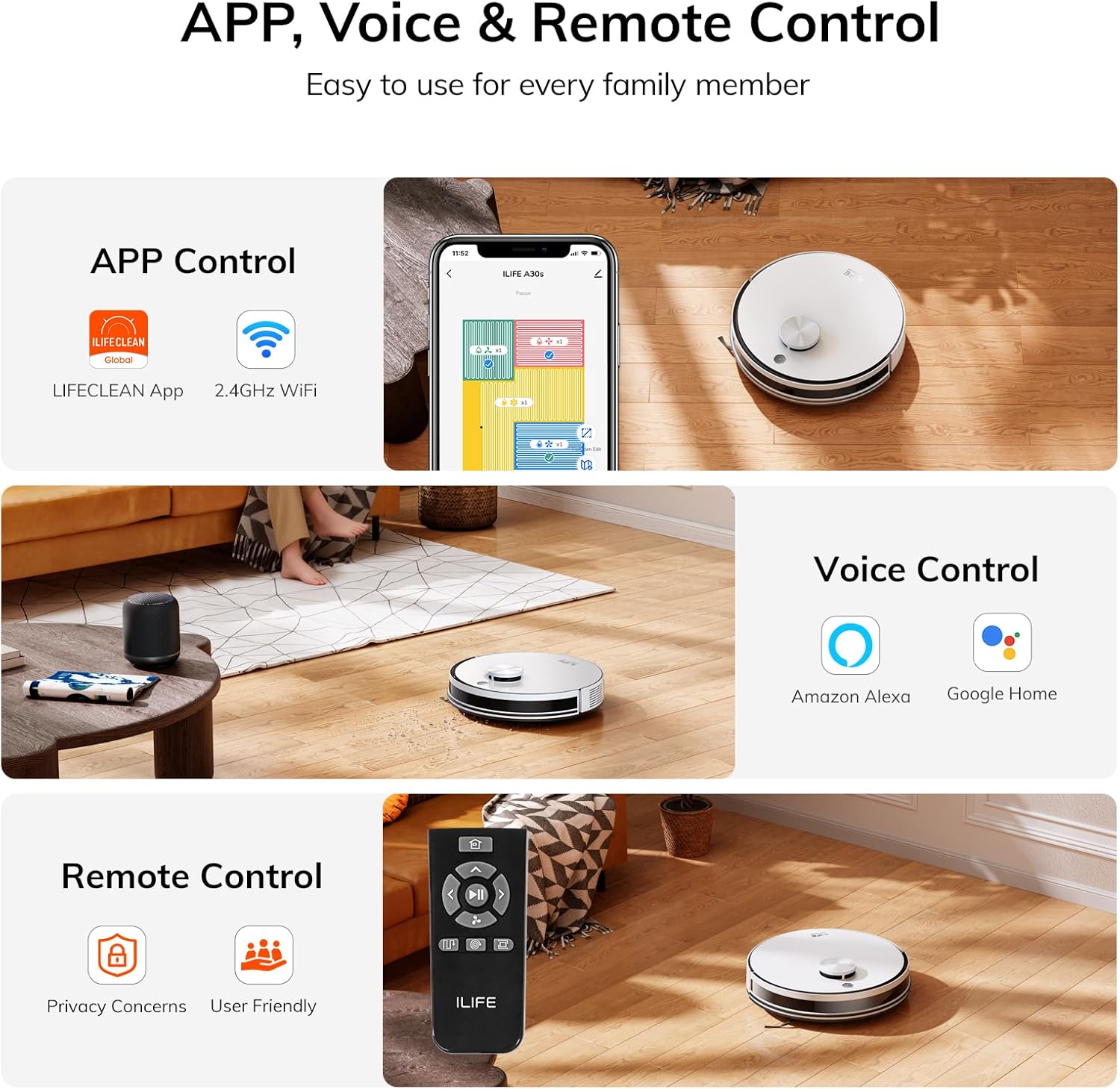 ILIFE A30s Robot Vacuum, 10000Pa Max Suction Robotic Vacuum Cleaner with LiDAR Navigation, Home Mapping, No-Go Zone, 150 Mins, 2.4G WiFi/App/Alexa/Remote Control, for Hard Floor Carpet and Pet Hair