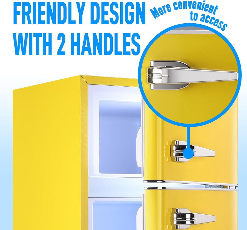 WANAI 2 Door 2 Handle Mini Refrigerator with Freezer-on-top, Spacious 3.5 Cubic Feet Capacity Small Fridge with 7-Level Adjustable Thermostat & 2 Removable Shelves Yellow