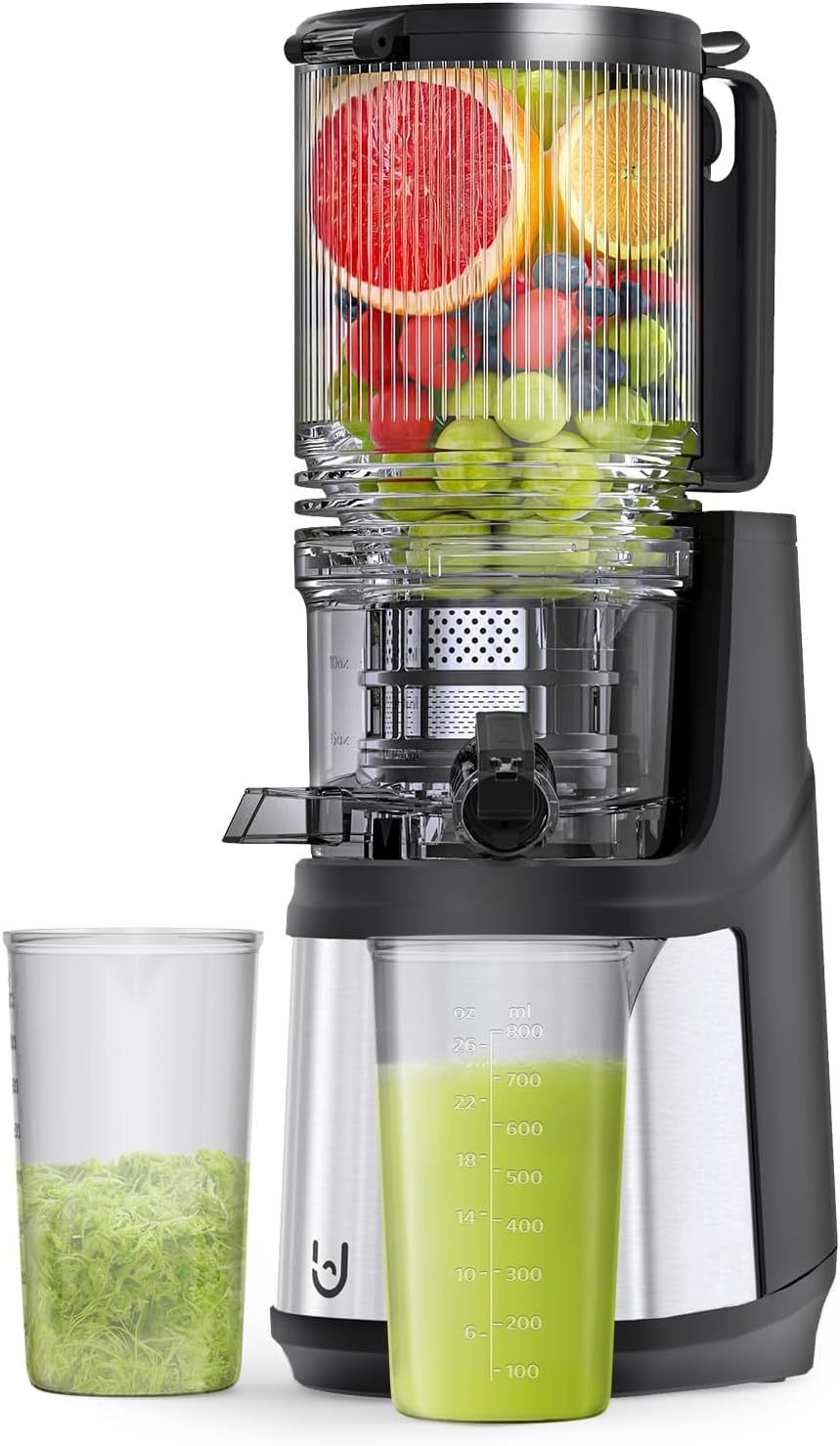 EanOruus Cold Press Juicer, 5.8' Wide Feed Chute Juice Extractor Machine with 400W, High Juice Yield, Slow Masticating Juicer for Whole Vegetables & Fruits, Gray-Stainless Steel