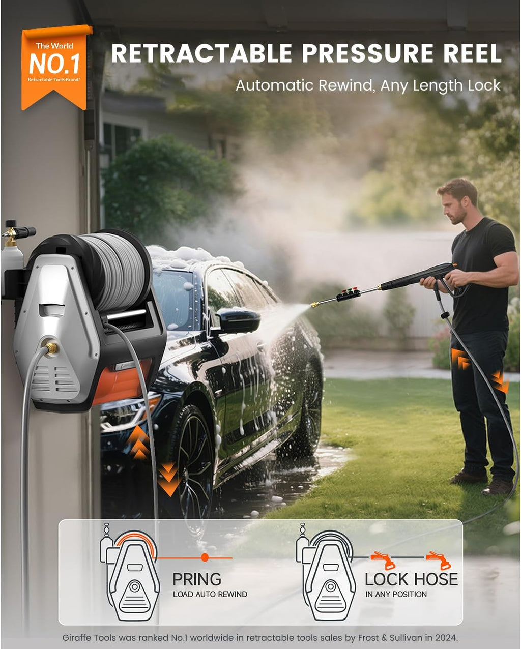 Giraffe Tools Grandfalls Retractable Wall Mounted Pressure Washer Pro, 3700 PSI, 1.6 GPM Electric Power Washer, Automatic Rewind, 100ft Pressure Hoses, 5 Nozzles for Cars/Fences/Patios, Light Silver