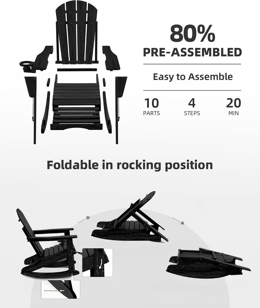 Folding Adirondack Rocking Chair,4-in-1 Multifunctional Patio Chair with Retractable Ottoman, Outdoor Chair Wood Texture, Lawn Chair for Porch, Backyard, Pool(Black)