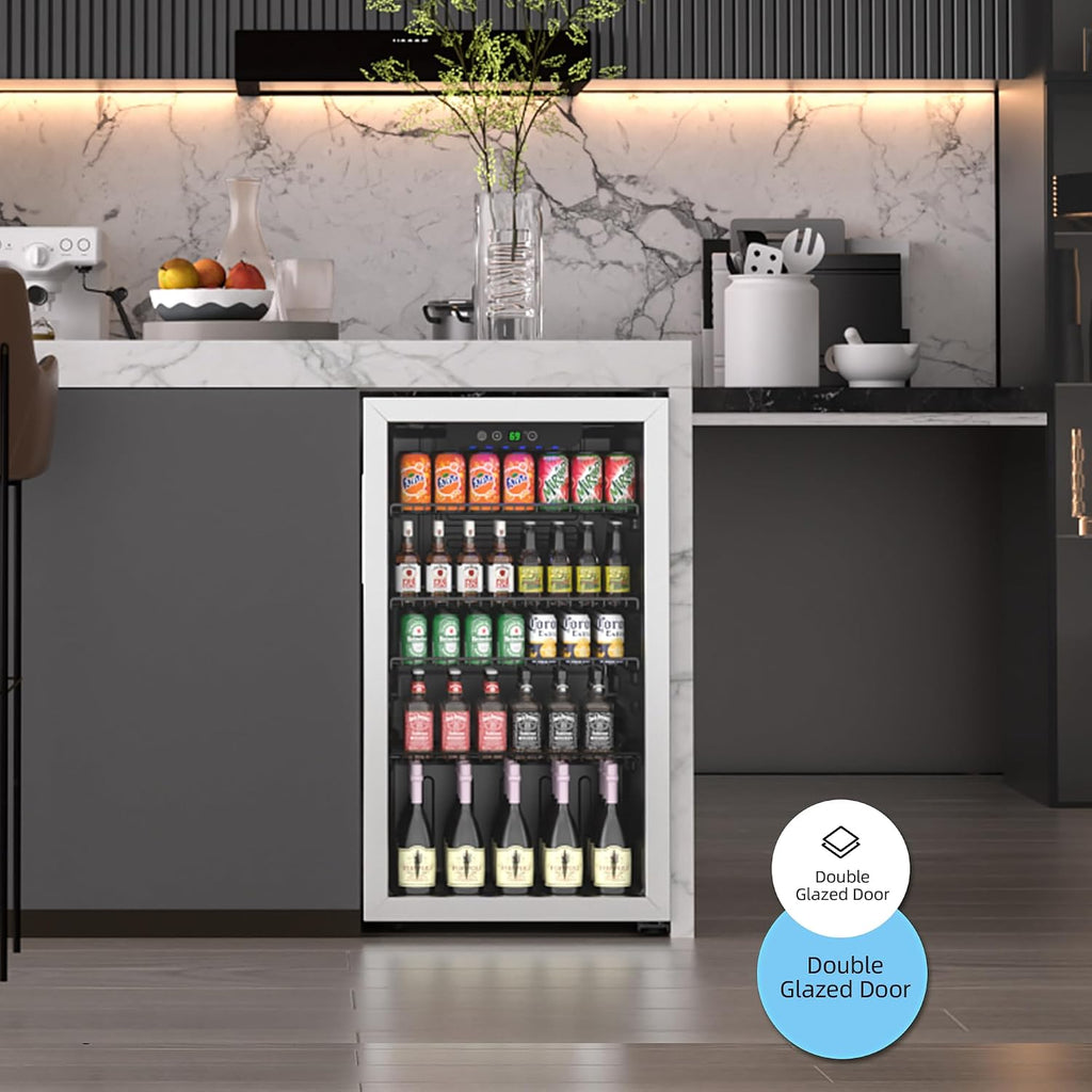 Erivess Compact Freestanding Beverage Refrigerator,126 Can/3.2 Cubic Feet Mini Fridge with Glass Front Door for Soda, Beer or Wine, Under Counter Small Refrigerator with Adjustable Shelves