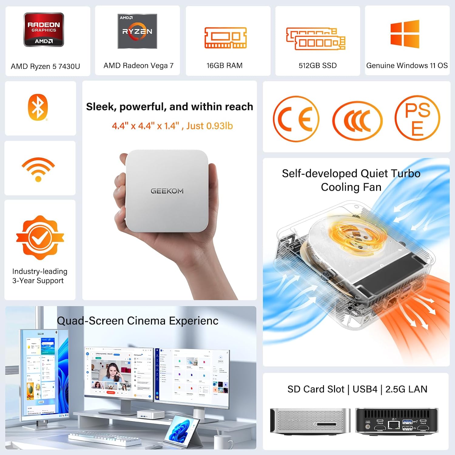 GEEKOM A5 Pro Efficient Mini PC,with AMD Ryzen-5 7430U, 16GB RAM＆512GB SSD|3 Year Warranty|Multi-Screen Collaboration|Win11 Pro|8K Graphic Design|Wi-Fi 6|BT 5.2|6xUSB|SD Slot|Office＆Home Must Have