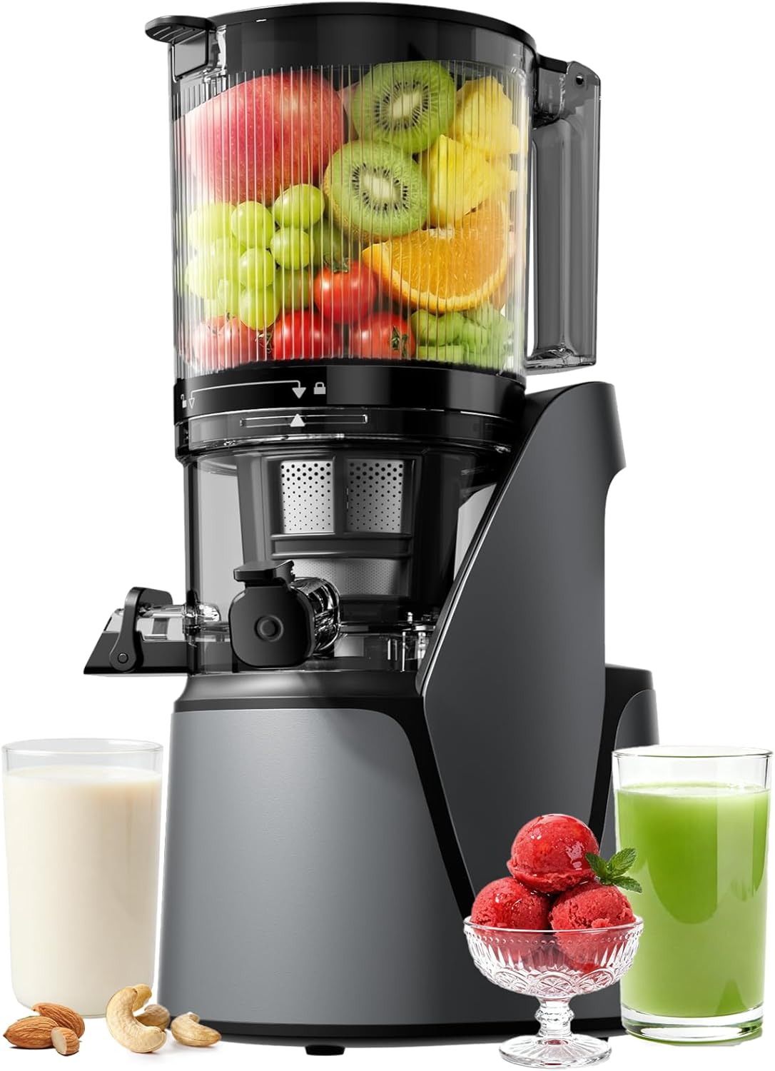 EanOruus Juicer Machines, 3-in-1 Cold Press Juicer with 6.5' Extra Large Chute, 100oz Large Capacity, AC Motor, Makes Juice, Nut Milk & Sorbet, Premium Gray