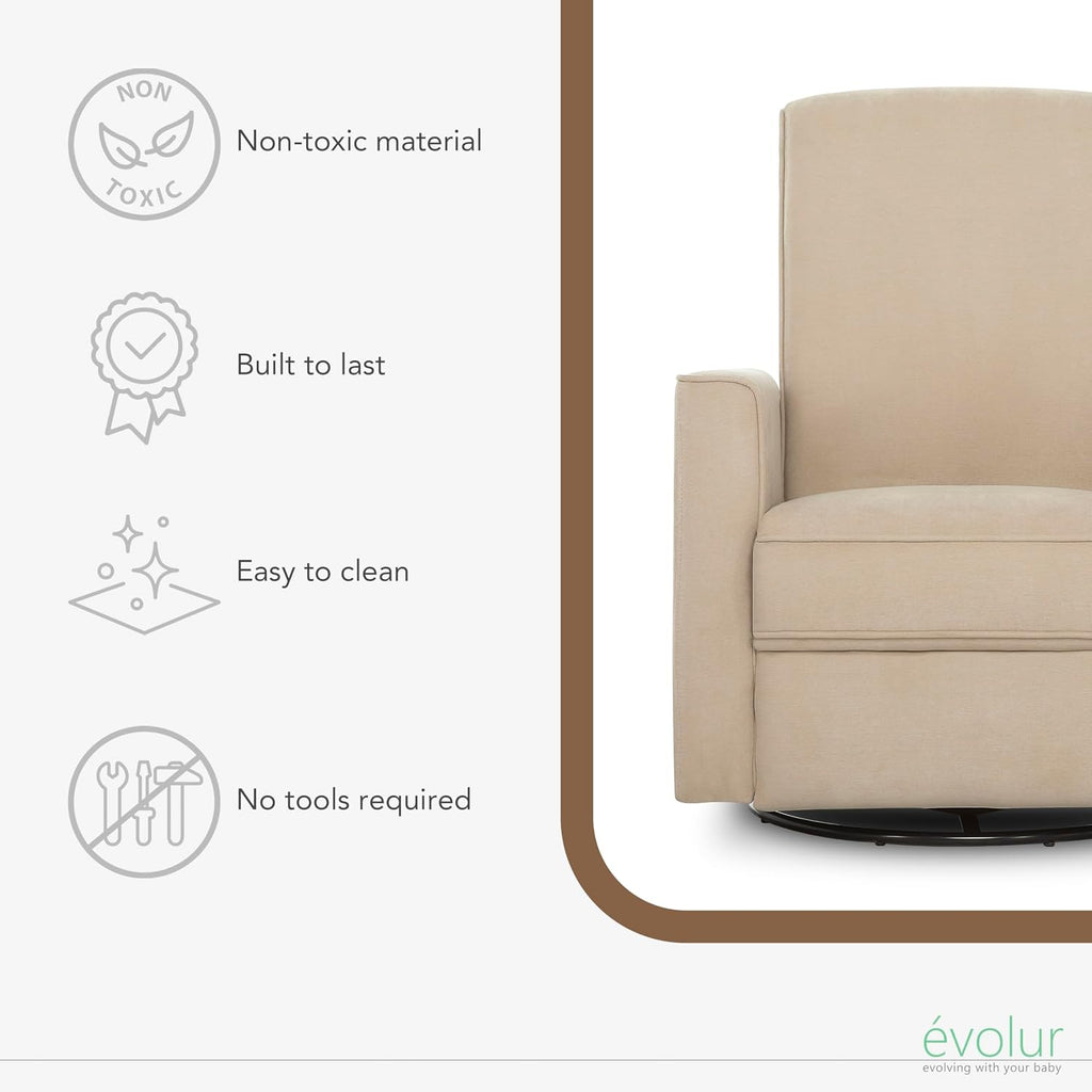 Evolur Raleigh Upholstered Manual Glider Recliner– Rocking & 360° Swivel with Smooth Glide – Greenguard Gold & FSC Certified – Modern Nursery and Living Room Chair in Tan