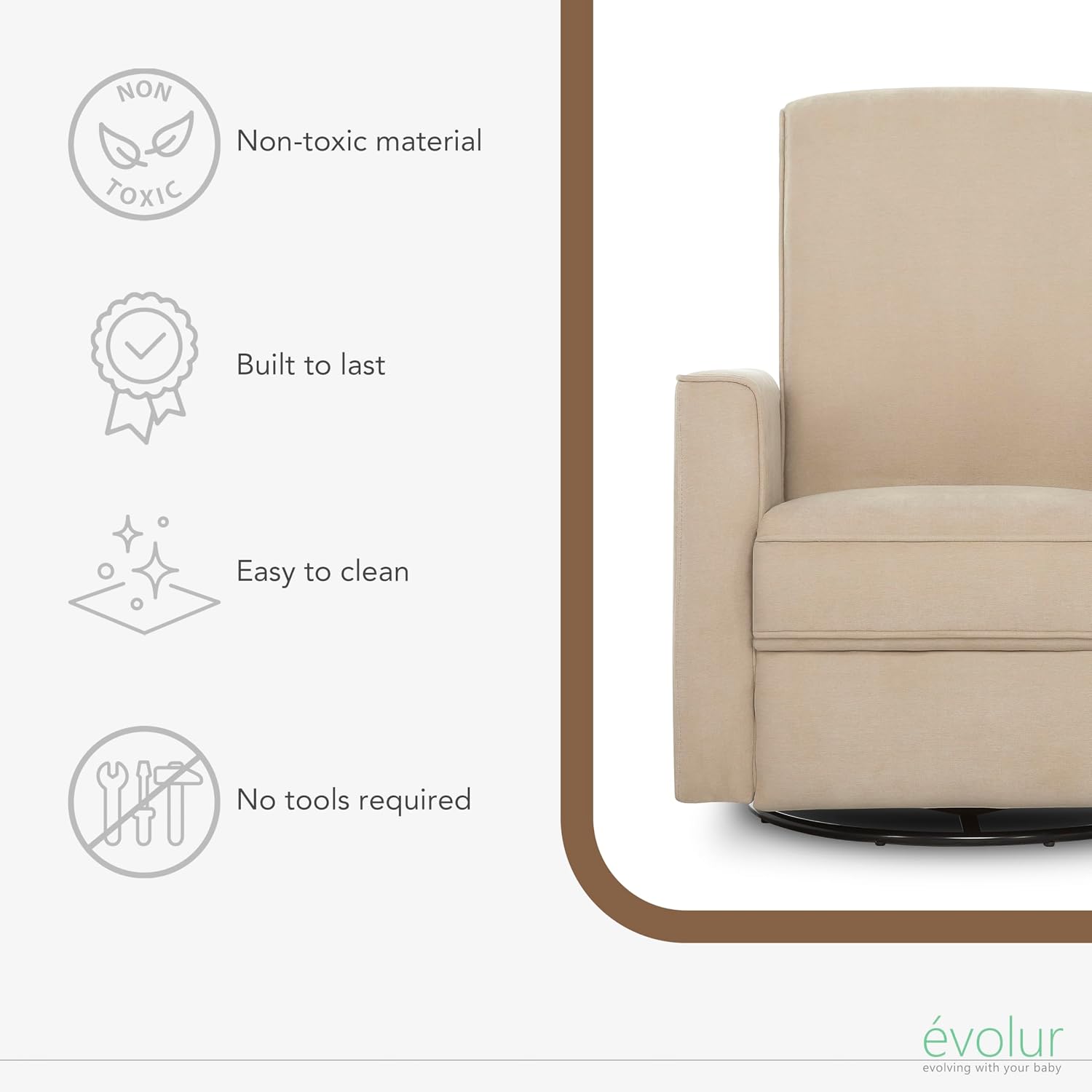 Evolur Raleigh Upholstered Manual Glider Recliner– Rocking & 360° Swivel with Smooth Glide – Greenguard Gold & FSC Certified – Modern Nursery and Living Room Chair in Tan