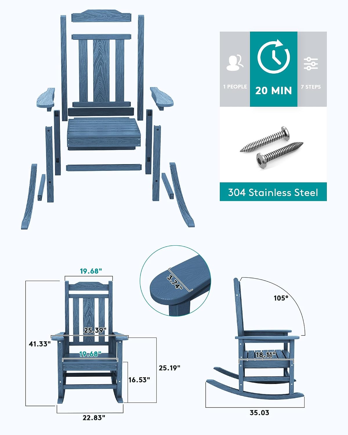 SERWALL Blue Outdoor Rocking Chair Set of 2, All Weather Patio Rocking Chair, HDPE Poly Rocking Chair for Adults, Heavy Duty Front Porch Rocker