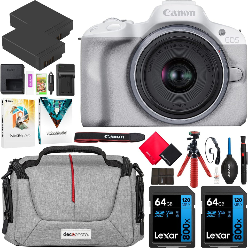 Canon EOS R50 Mirrorless Camera (White) with RF-S 18-45mm F4.5-6.3 is STM Lens 5812C012 Bundle with Deco Gear Photography Bag + 2 x Battery + 2 x 64GB Memory Cards + Accessories Kit