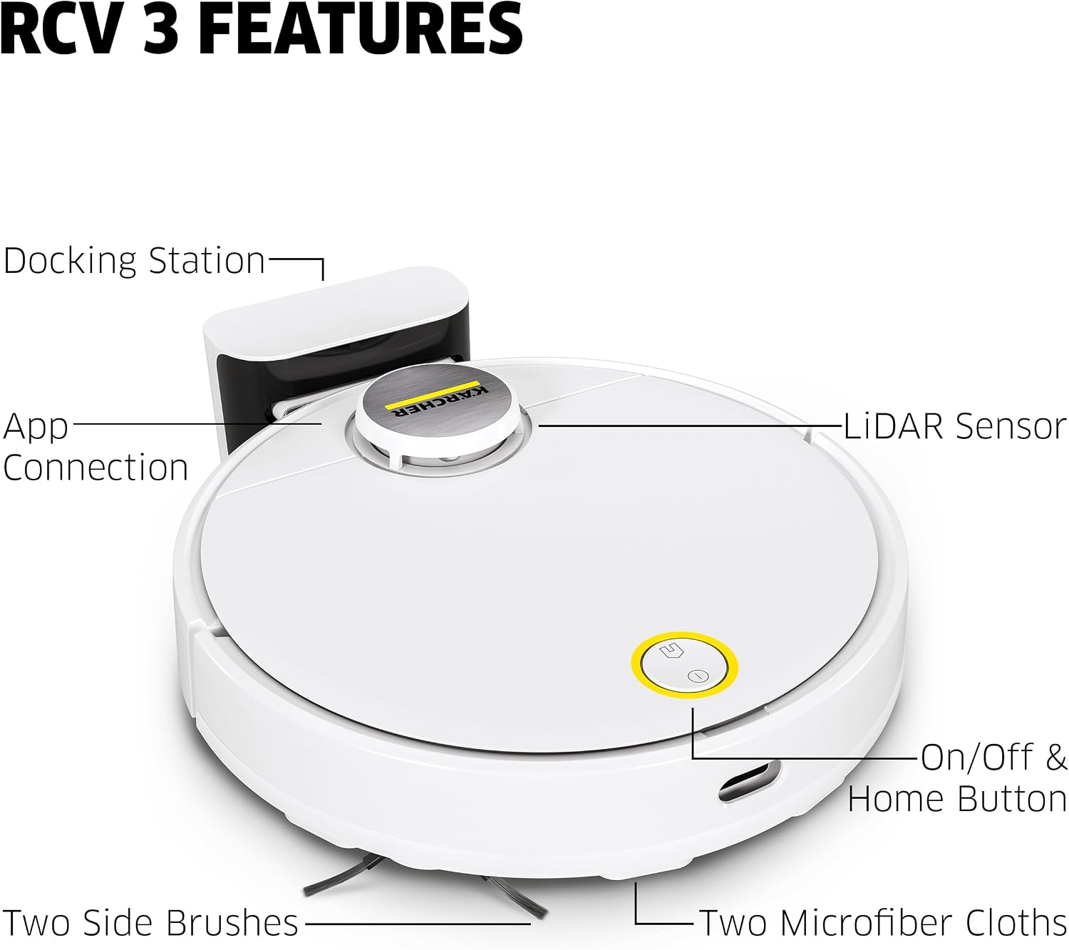 Kärcher RCV 3 Robot Vacuum Cleaner with Mop Function 2500Pa- Remote Control via App, LiDar Laser Navigation - Floor Mapping, Obstacle Detection - 120 min Run-Time - for Hard Floors and Carpets