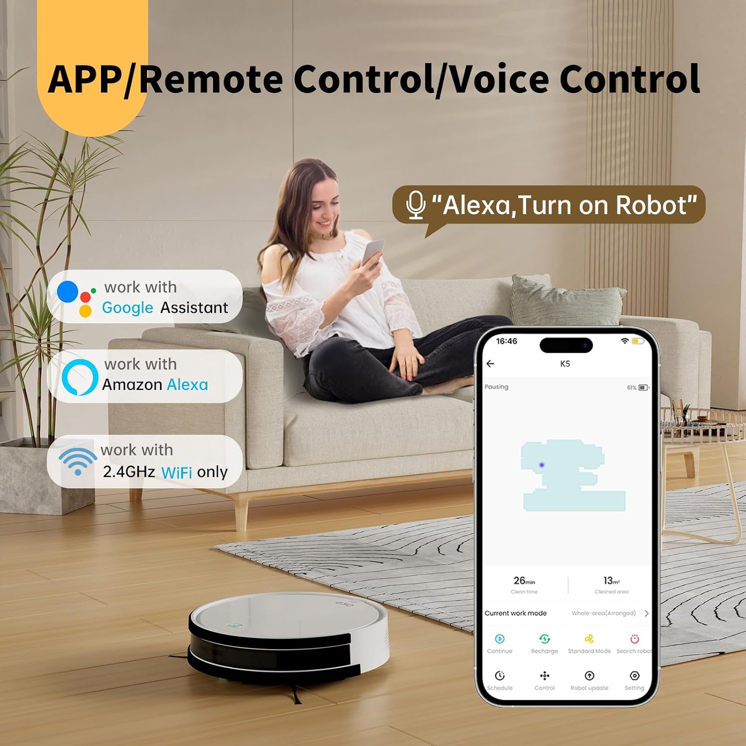 OKP Life Robot Vacuum and Mop Combo with 2500Pa Suction, Vacuum Robot Compatible with Alexa/APP/Wi-Fi, Self-Charging Super Mini Quiet Robotic Vacuum for Carpets and Hard Floors for Pet Owners