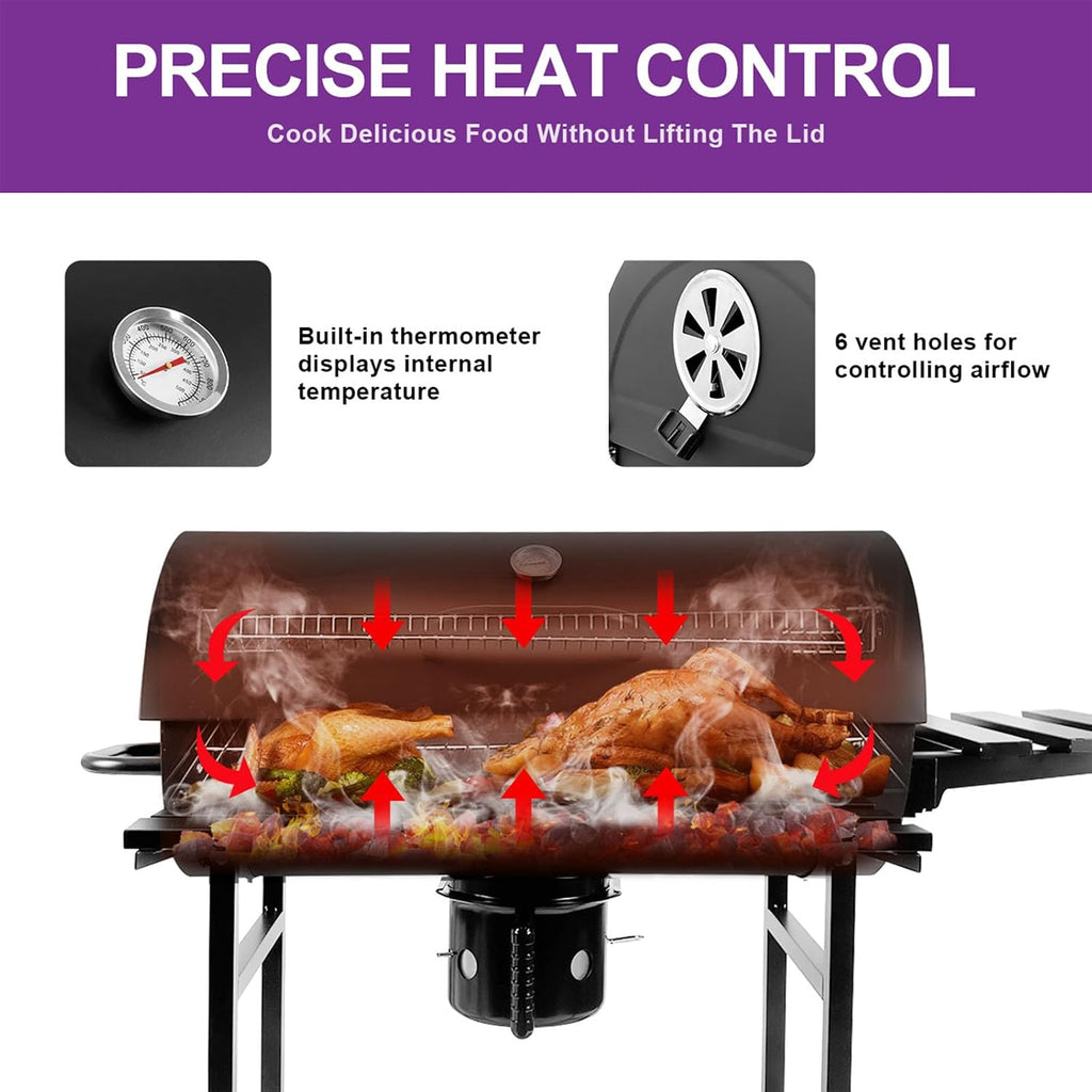 Charcoal BBQ Grill with Thermometer & Foldable Side Table, 565 sq in Cooking Space Large Charcoal Grills, Barrel Charcoal Grills for Backyards Picnic Cookouts