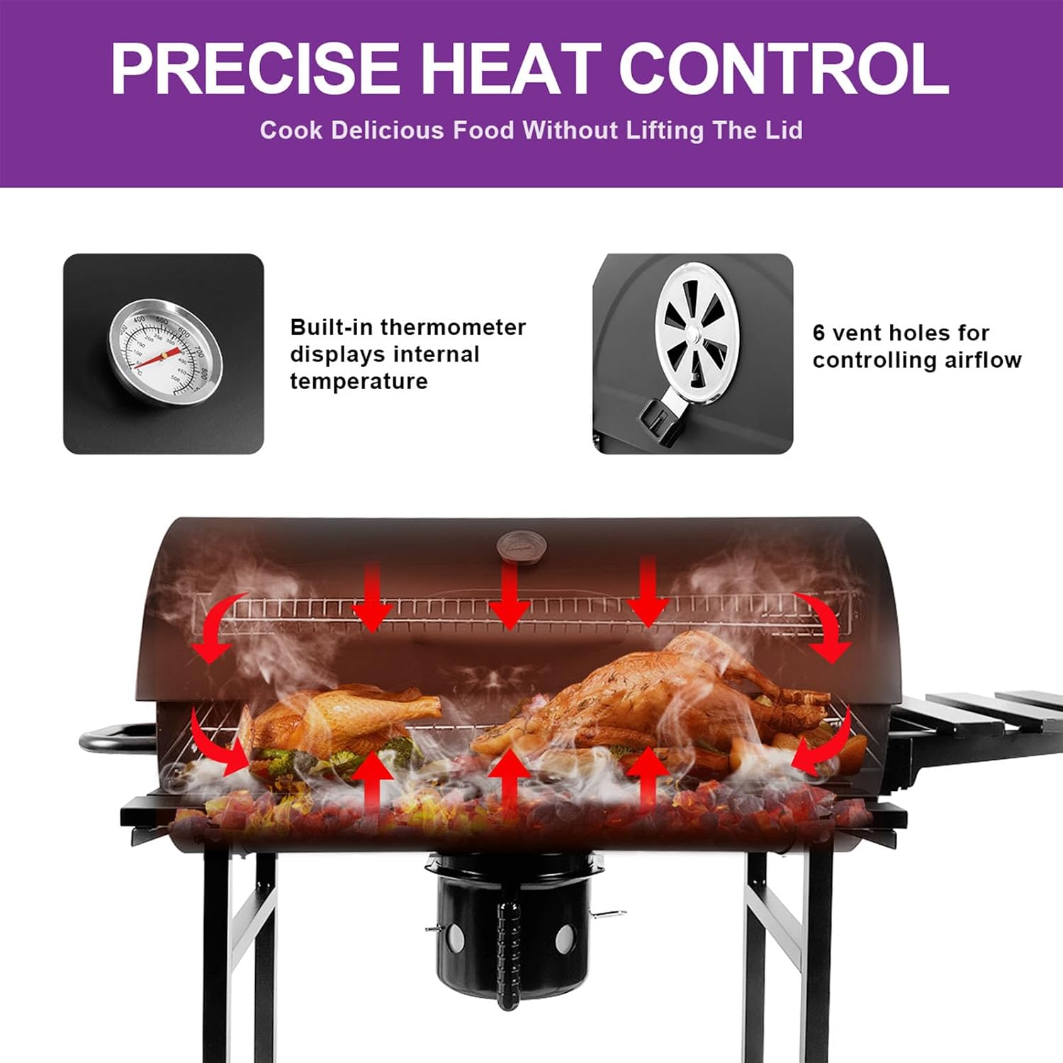 Charcoal BBQ Grill with Thermometer & Foldable Side Table, 565 sq in Cooking Space Large Charcoal Grills, Barrel Charcoal Grills for Backyards Picnic Cookouts