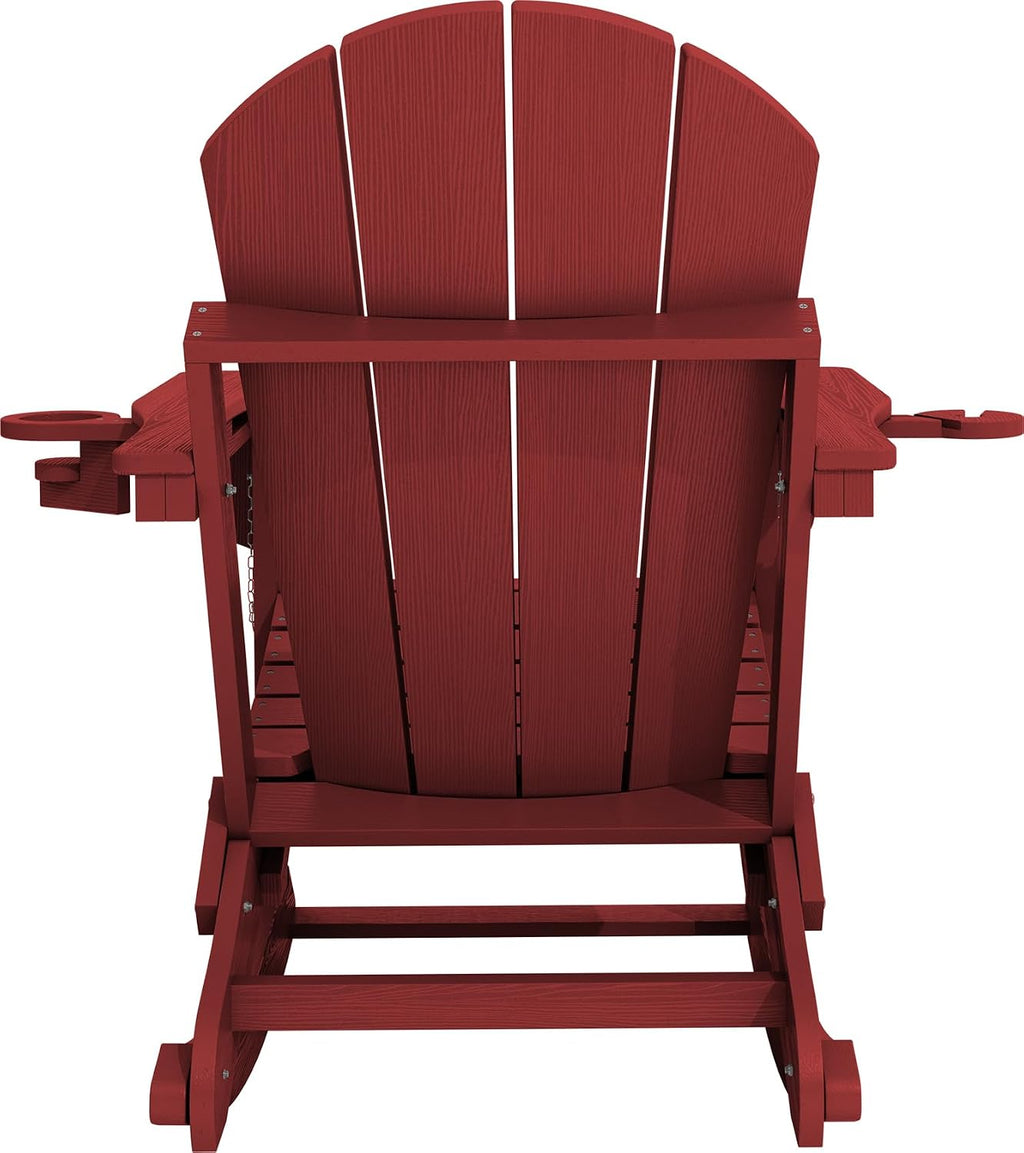 KINGYES Adirondack Rocking Chair Set of 4 with Retractable Ottoman and Cup Holders, HDPE Adirondack Rocker Patio Rocking Chair for Porch, Patio, Balcony, Burgundy Red