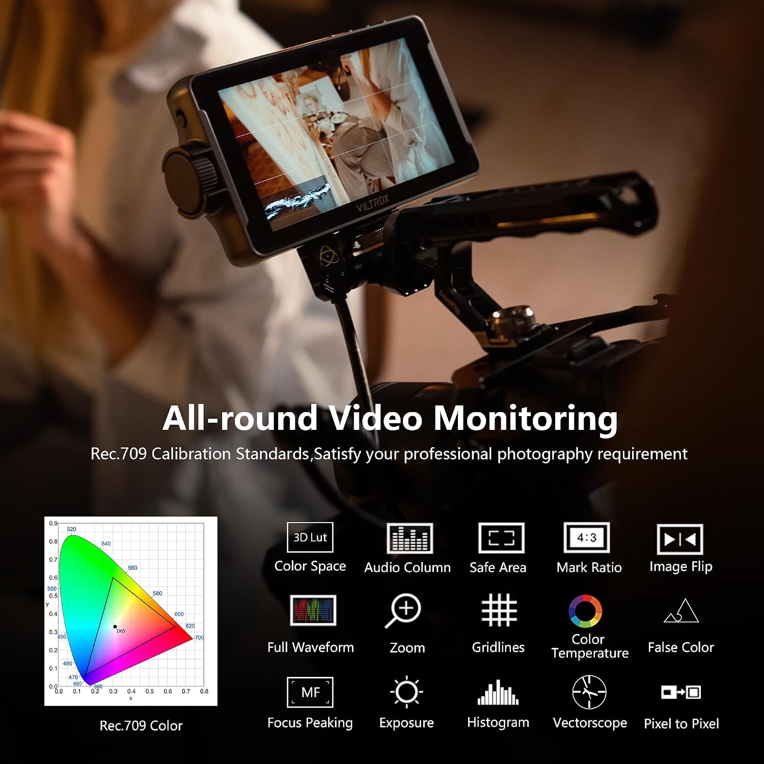 VILTROX DC-550 Pro Touchscreen Camera Field Monitor 4K HDMI (5.5 Inch) DSLR Camera Monitor with Battery Sunshade Hood 3D Lut Peaking Focus Assist 1200 nits 160° Wide View Angle DC 12V Type-C 5V in