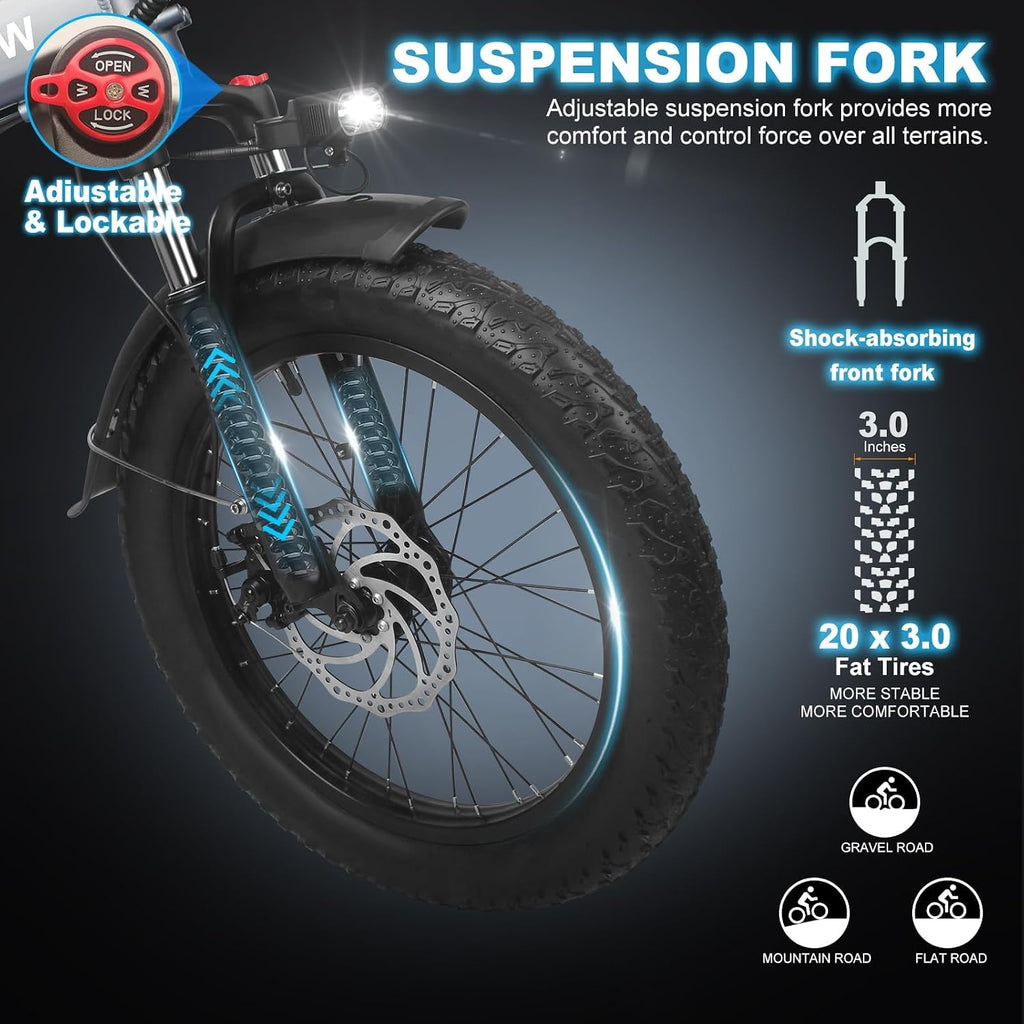 Wildeway Folding Electric Bike for Adults with 750W Motor 32Ah Battery Long Range FW11 Ebike 20 * 3.0 Fat Tire Foldable Adults Electric Bicycle for Men Women City Commuter Delivery 2 Seat