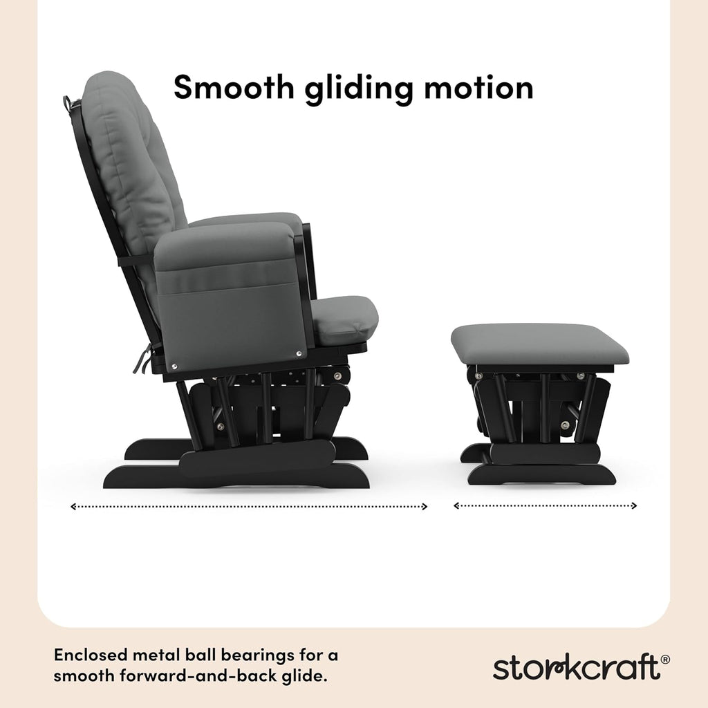 Storkcraft Premium Hoop Glider & Ottoman (Black with Gray) — GREENGUARD Gold Certified, Solid Wood Craftsmanship, Convenient Storage Pockets, Smooth-Gliding Chair for Nursery, Multi-Award-Winning