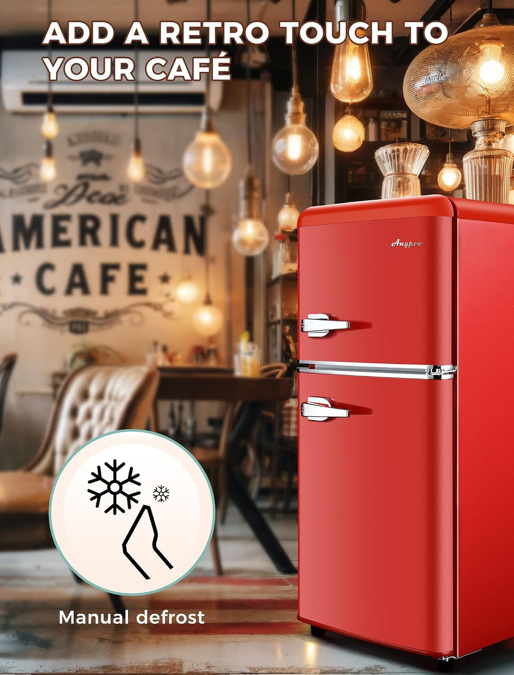 Anypro 3.2 Cu.Ft Refrigerator, Double Door Retro Fridge with Freezer, 7 Adjustable Temperature Settings, Low Noise, Removable Glass Shelves for Dorm, Office, Bedroom, Apartment, Red
