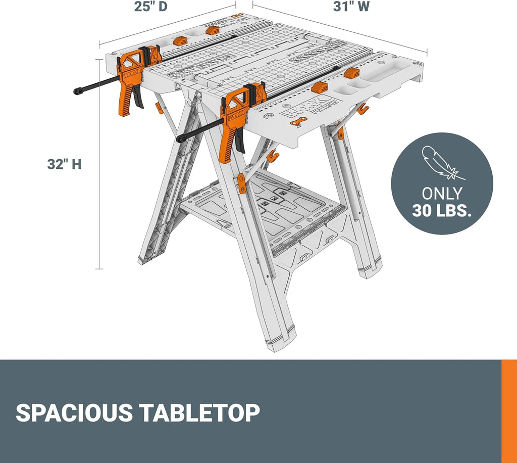 Worx Pegasus 2-in-1 Folding Work Table & Sawhorse, Easy Setup Portable Workbench, 31' W x 25' D x 32' H Lightweight Worktable with Heavy-Duty Load Capacity, WX051 - Includes 2 Clamps & 4 Clamp Dogs