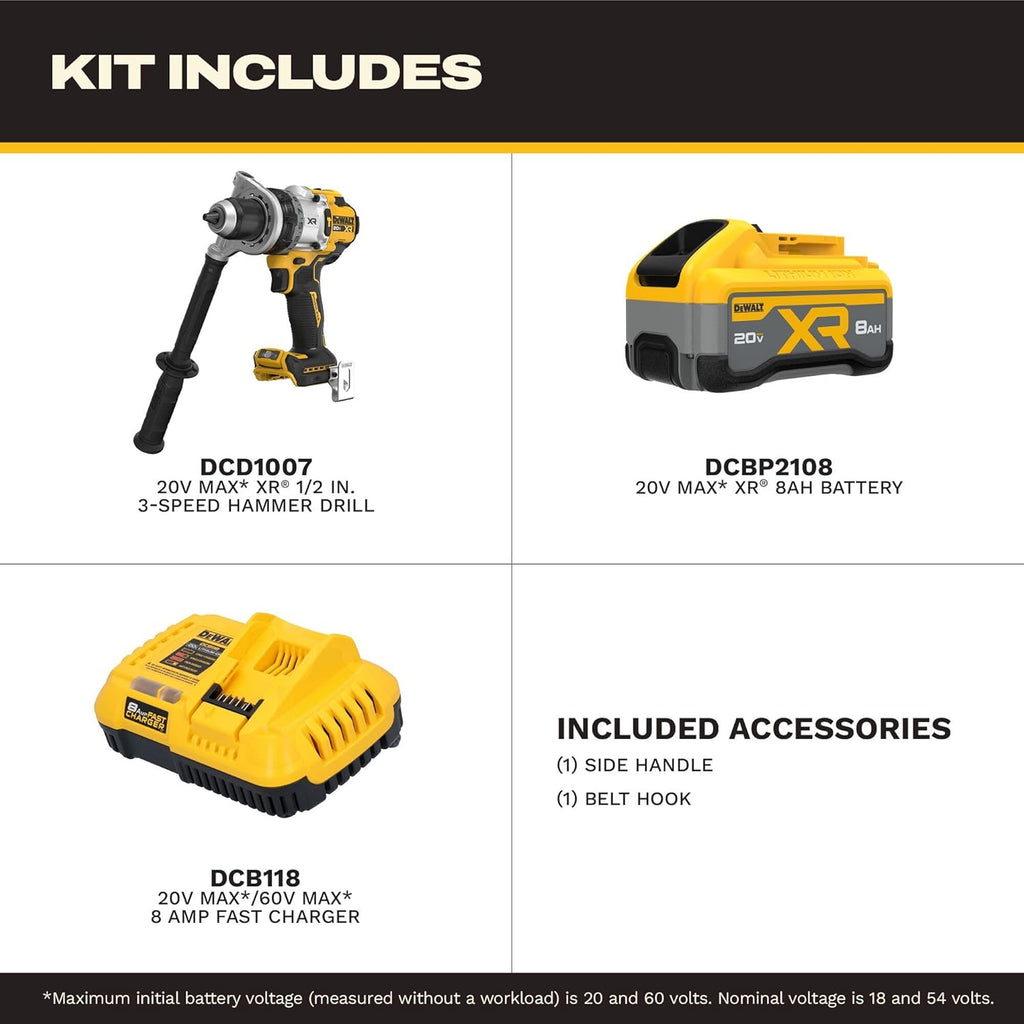 DEWALT 20V MAX XR 1/2 Inch Cordless Hammer Drill Kit with 8AH Battery and Charger (DCD1007WW1)
