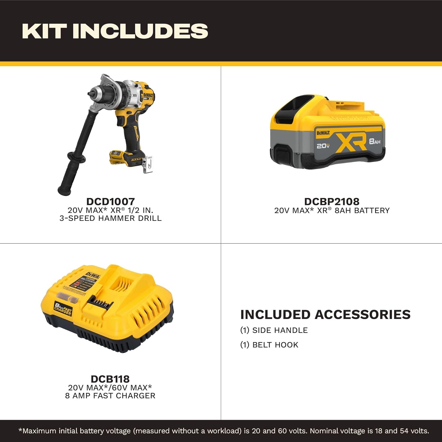 DEWALT 20V MAX XR 1/2 Inch Cordless Hammer Drill Kit with 8AH Battery and Charger (DCD1007WW1)