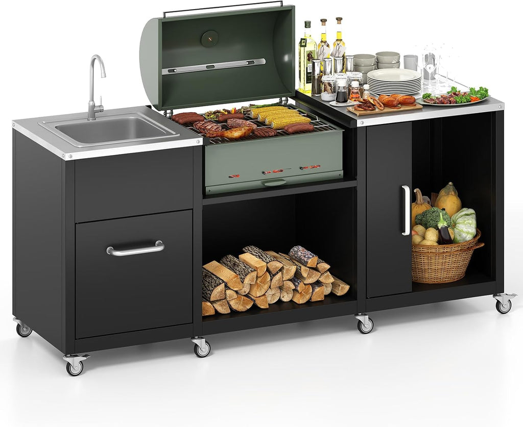 Happygrill 80' Outdoor Grill Table with Sink & Drainage, Heavy Duty Metal Grill Cart w/Cabinet & Removable Stainless Steel Top, Portable Prep Cooking Table w/Wheels for BBQ, Patio, Camping & Backyard