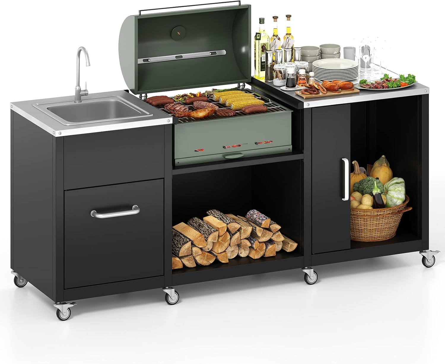 Happygrill 80' Outdoor Grill Table with Sink & Drainage, Heavy Duty Metal Grill Cart w/Cabinet & Removable Stainless Steel Top, Portable Prep Cooking Table w/Wheels for BBQ, Patio, Camping & Backyard