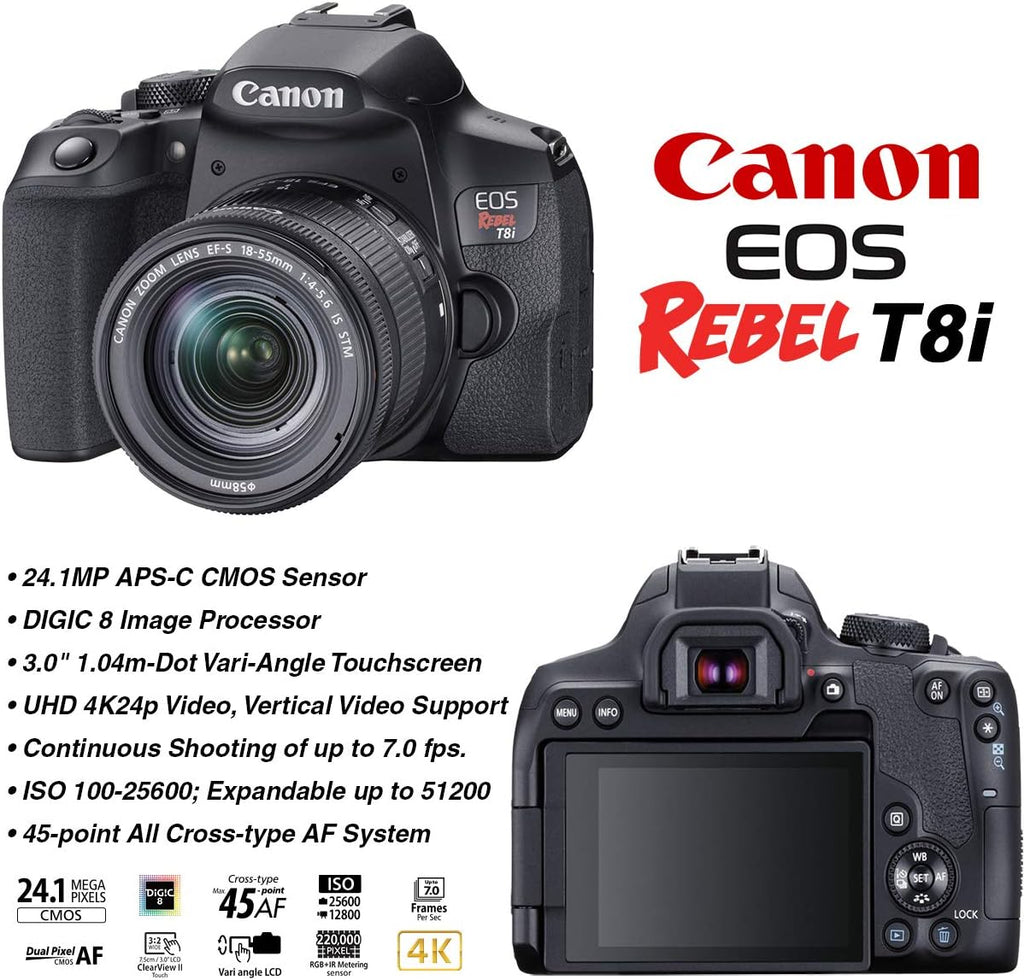 Canon EOS Rebel T8i DSLR Camera w/EF-S 18-55mm F/4-5.6 is STM Zoom Lens Bundle + Wide Angle Lens + Telephoto Lens + 128GB Memory + Case + Tripod + 3pc Filter Kit + Pro Kit (Renewed)