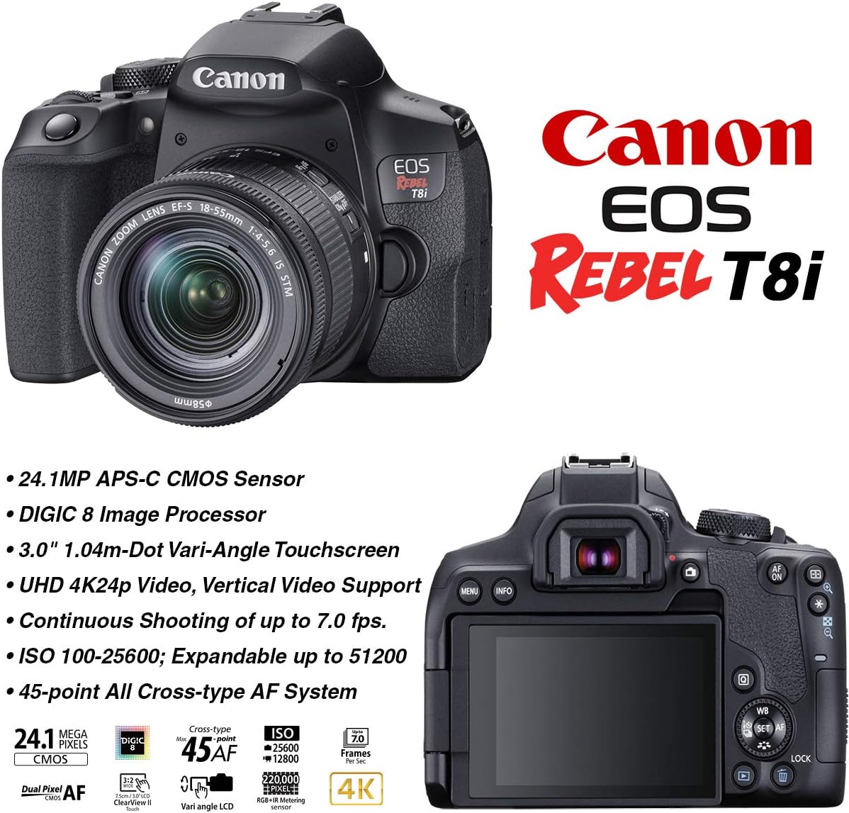 Canon EOS Rebel T8i DSLR Camera w/EF-S 18-55mm F/4-5.6 is STM Zoom Lens Bundle + Wide Angle Lens + Telephoto Lens + 128GB Memory + Case + Tripod + 3pc Filter Kit + Pro Kit (Renewed)