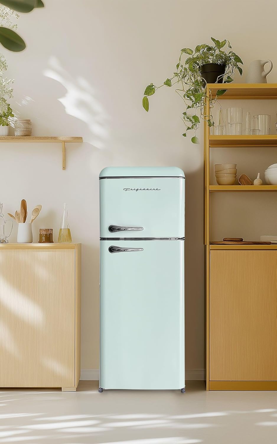 Frigidaire, 2 Door Apartment Size RETRO Refrigerator with Top Freezer, Chrome Handles, 7.5 cu ft, GREEN