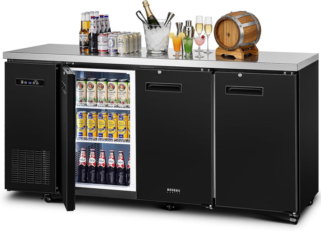 BODEGACOOLER Commercial Bar Cooler with 3 Solid Doors, 20.5 Cu.Ft Back Bar Refrigerator, Beverage Refrigerator for Beer Soda Wine,LED Light, Stainless Steel Top,6 Casters, for Kitchen Buffet Table