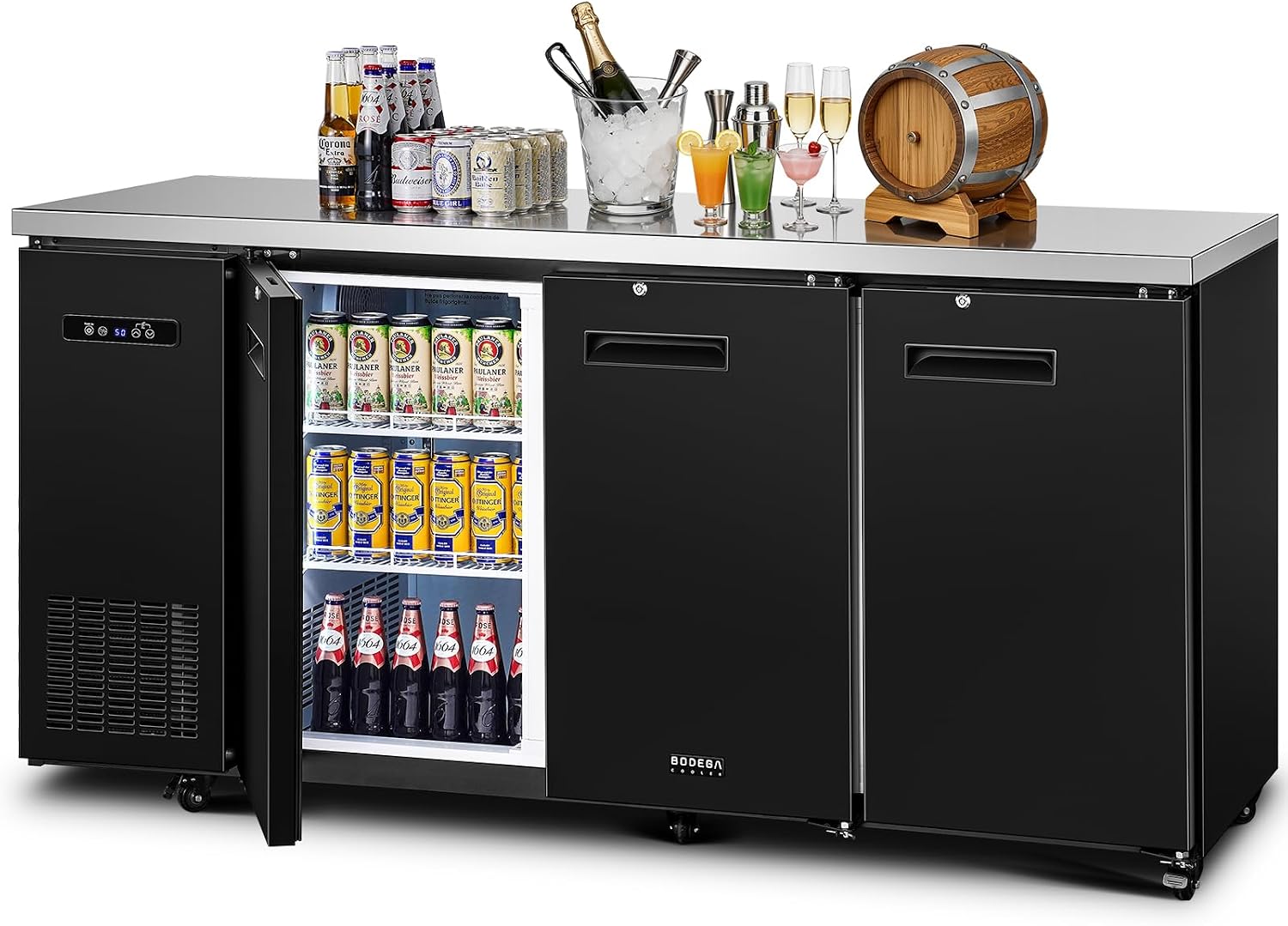 BODEGACOOLER Commercial Bar Cooler with 3 Solid Doors, 20.5 Cu.Ft Back Bar Refrigerator, Beverage Refrigerator for Beer Soda Wine,LED Light, Stainless Steel Top,6 Casters, for Kitchen Buffet Table