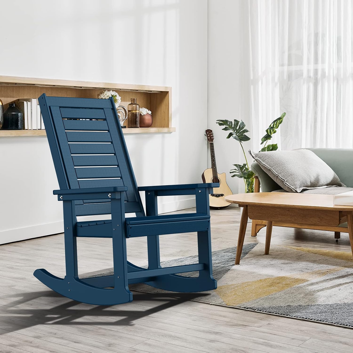 GREENVINES Outdoor Rocking Chairs | Set of 2 | Porch Rocker | HDPE Plastic | Blue | Oversized Rockers | High Back | Big & Tall | Ladder Back | for Patio Outside Backyard Balcony Garden