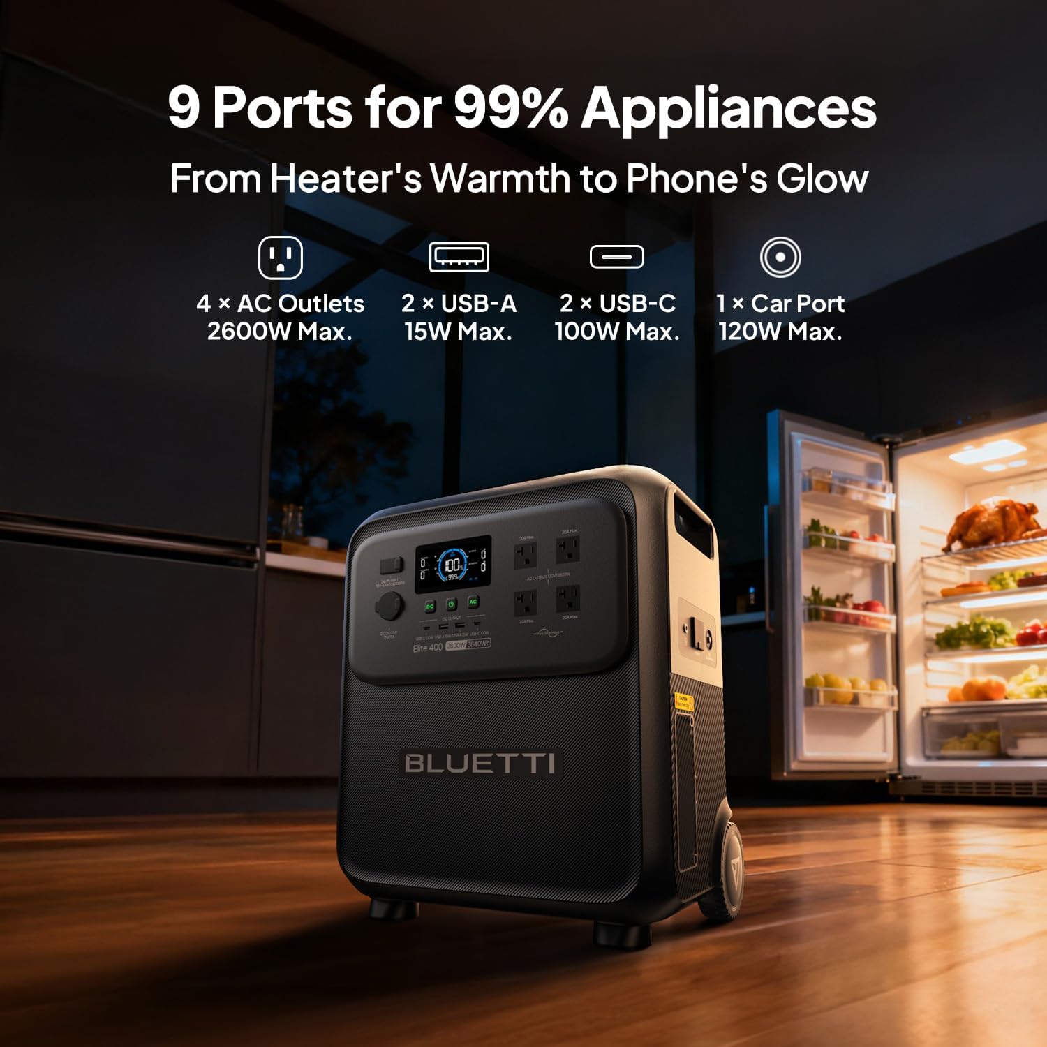 BLUETTI Elite 400 Portable Power Station, 3840Wh LFP Batttery Backup with 2600W AC Outlets (3900W Power Lifting), High Capacity Solar Generator with Wheels for Home Backup, Outage, RV Life, Camping