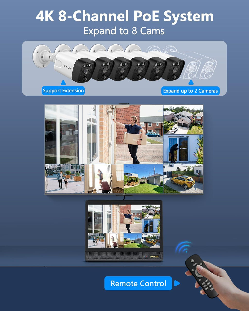 OOSSXX (2026 New) 4K PoE Security Camera System Outdoor, 8CH NVR with 10' IPS Monitor & 1TB HDD, 6 Cameras, 130° Wide Angle, AI Human Detection, Two-Way Audio, No Monthly Fee