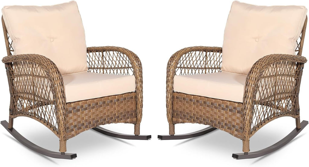 VIVIJASON 2 Piece Patio Wicker Rattan Rocker Chair, Outdoor Rattan Rocker Chair with Cushions & Steel Frame, All-Weather Rocking Lawn Wicker Furniture for Garden Backyard Porch (Beige)