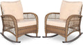 VIVIJASON 2 Piece Patio Wicker Rattan Rocker Chair, Outdoor Rattan Rocker Chair with Cushions & Steel Frame, All-Weather Rocking Lawn Wicker Furniture for Garden Backyard Porch (Beige)