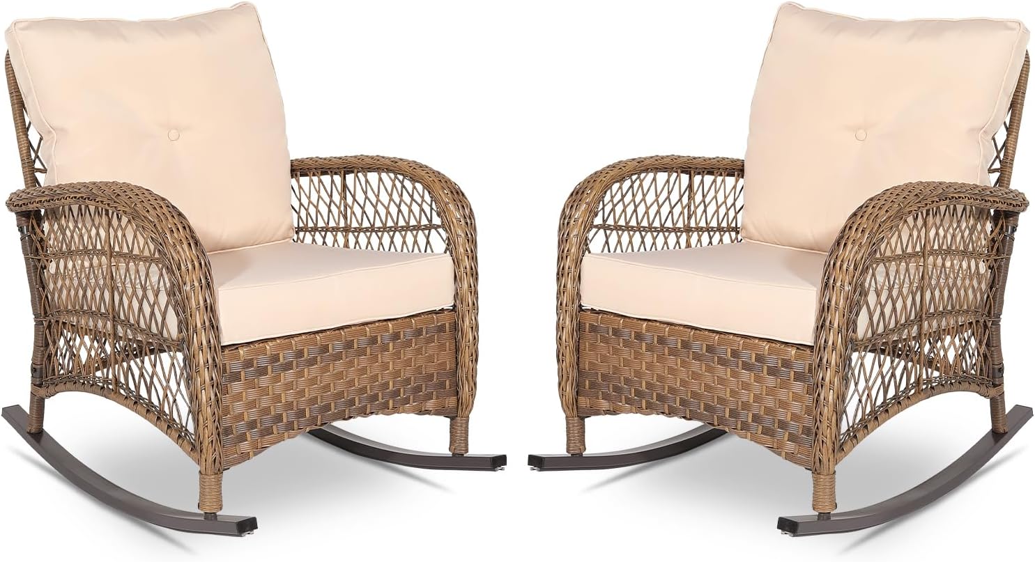 VIVIJASON 2 Piece Patio Wicker Rattan Rocker Chair, Outdoor Rattan Rocker Chair with Cushions & Steel Frame, All-Weather Rocking Lawn Wicker Furniture for Garden Backyard Porch (Beige)